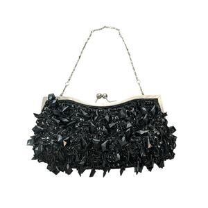 Unbranded Black Beaded Clutch Evening Formal Bag Silver Chain Kiss Latch Closure